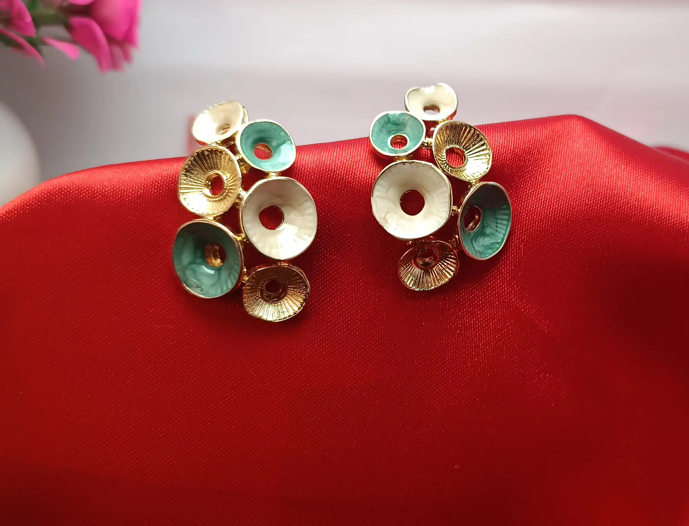 Korean Style Green & Ivory Floral Enamel Stud Earrings for Women